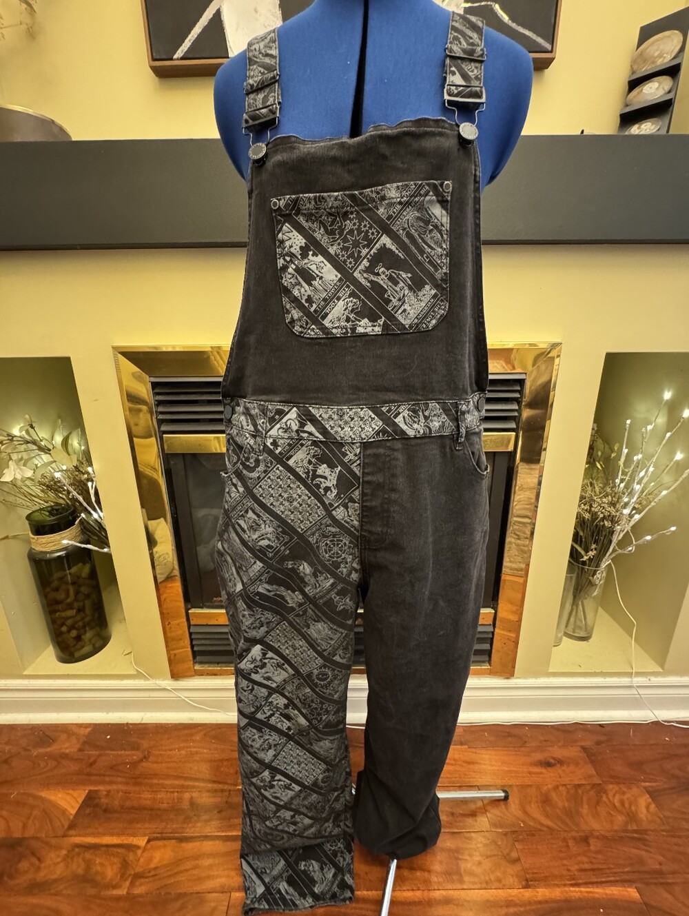 Disturbia Tarot Print Cartomancy Spliced Denim Dungarees Overalls Black